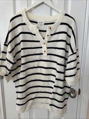 Andree Cream & Black Striped Henley Pullover